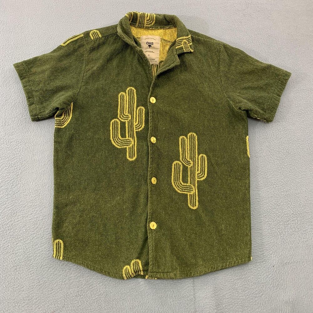 OAS Shirt Mens Small Terry Cloth Cactus Print Hawaiian Aloha Swim